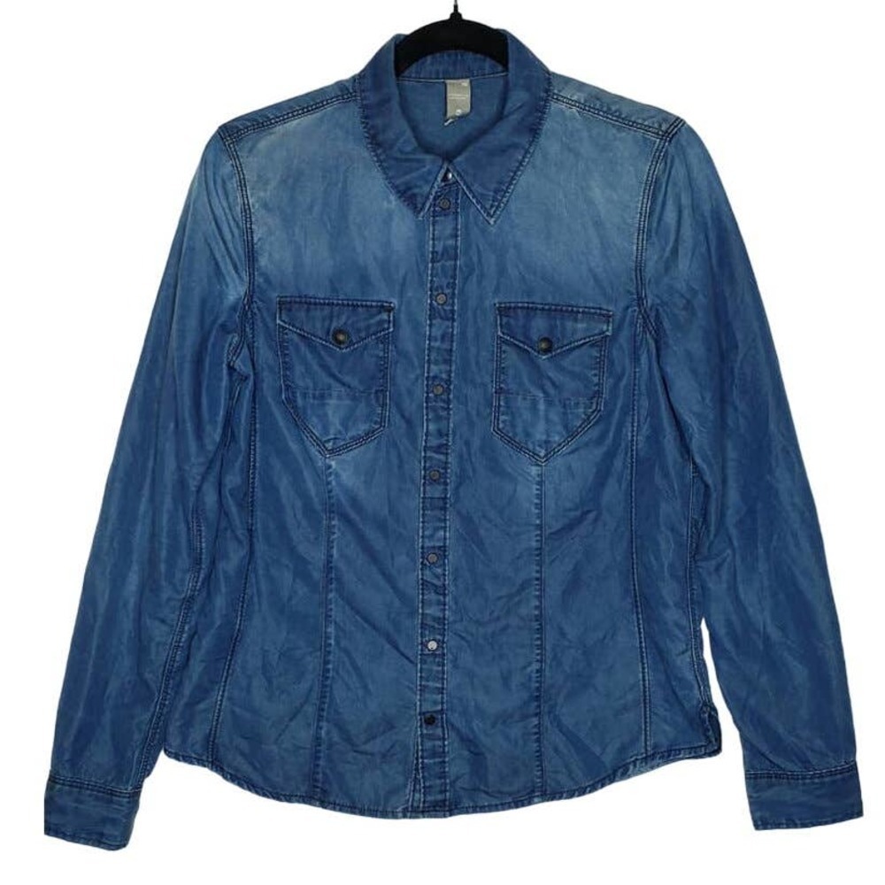 G Star Raw Women's Medium Tacoma Straight Shirt Denim Chambray Snap Lyocell Blue